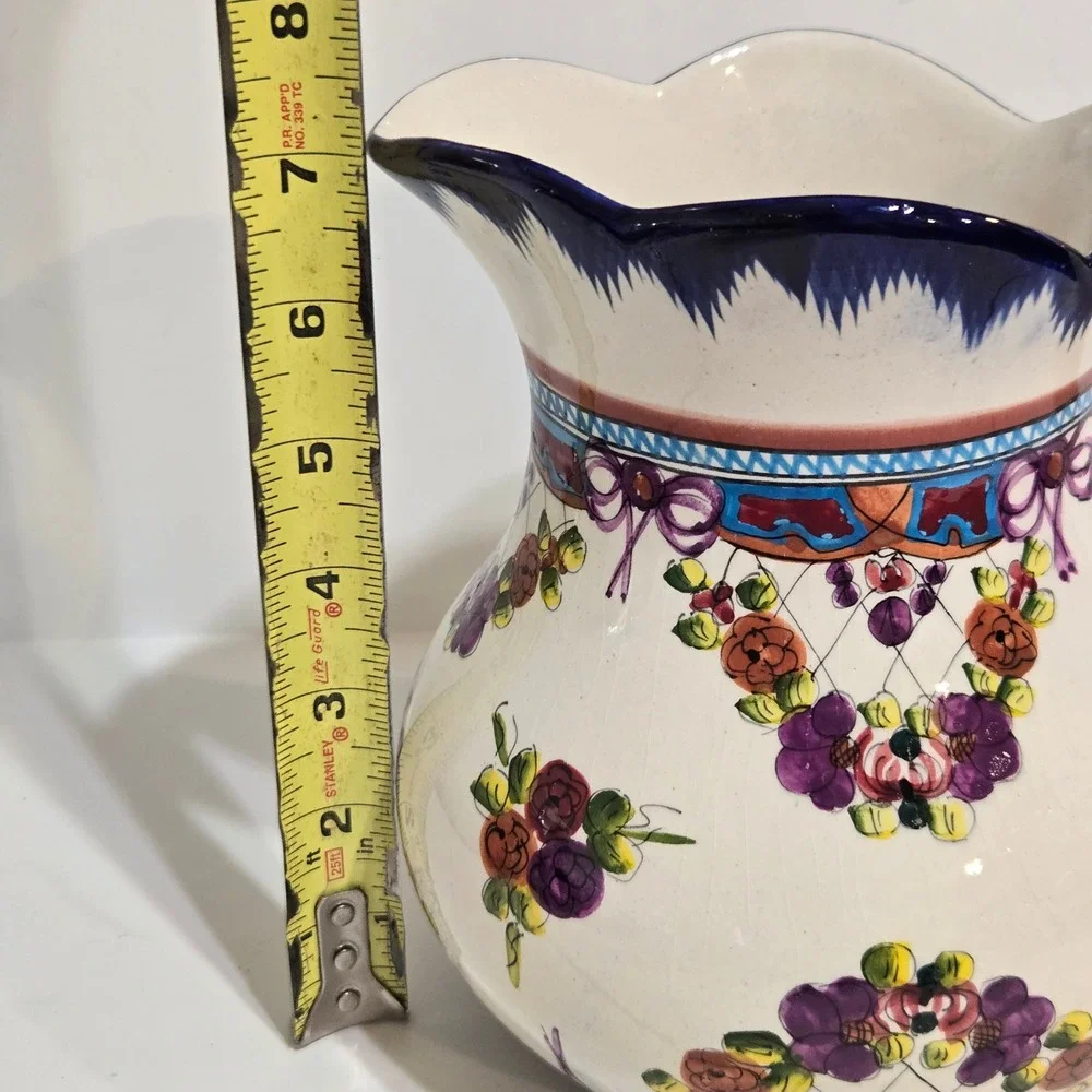 Hand Painted Mexican Floral Pitcher Ceramic Vase Floral Cottagecore Farmhouse 7